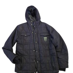 Men's Monster Energy Men's Black Hooded Heavy Winter Coat Size LARGE IN BLACK